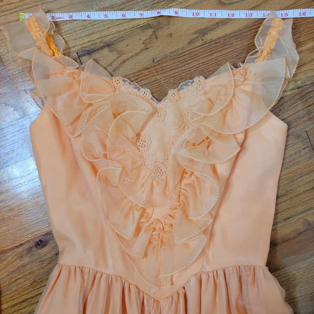 Vintage 1970s Full-length Prom Dress Peach Ruffles Long Flowy Chiffon Formal - Picture 10 of 16
